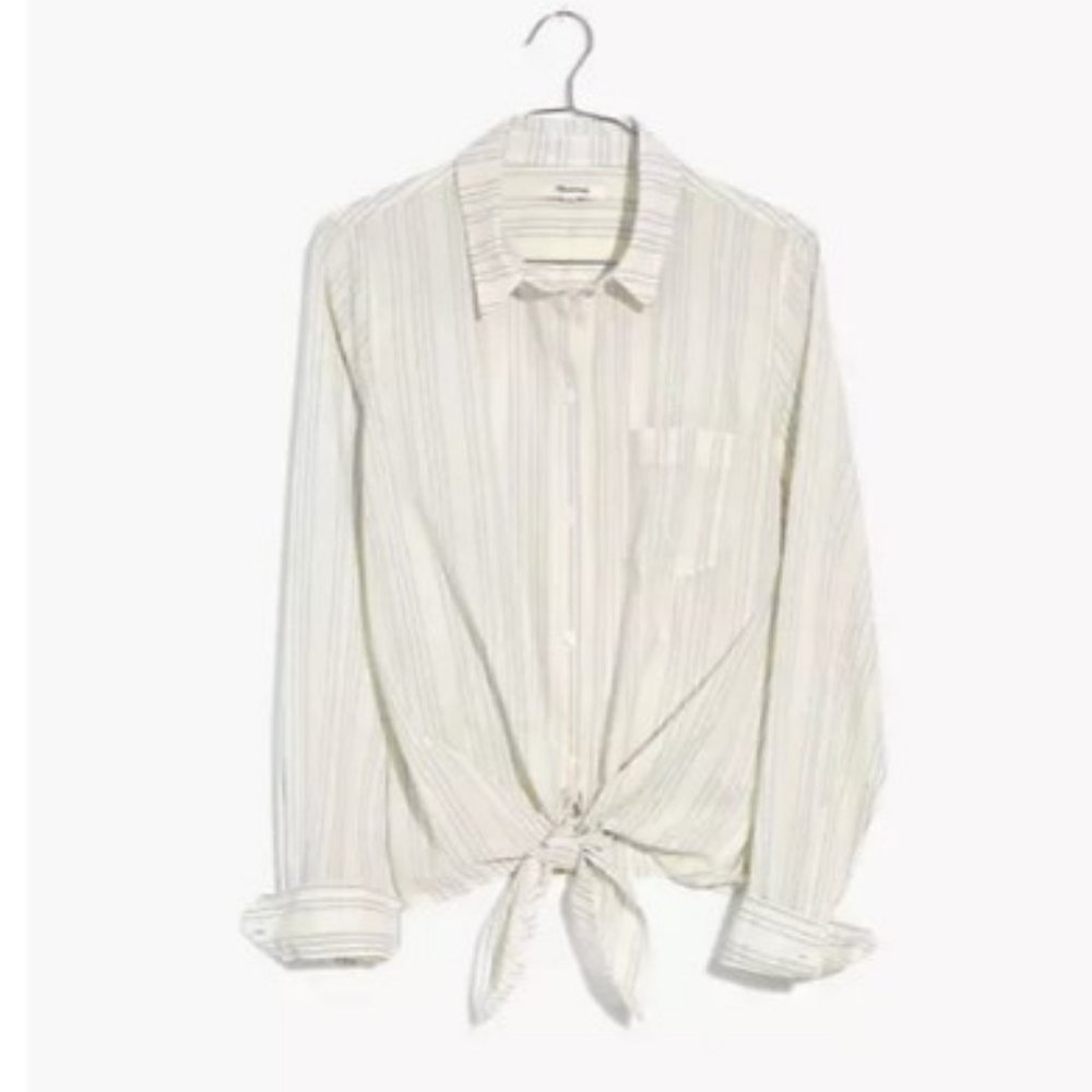 Madewell Tie-Front Button Down Shirt in White & Blue Stripe XS NWT